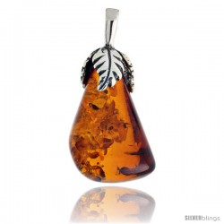 Sterling Silver Floral Russian Baltic Amber Pendant w/ 30x15mm Pear-shaped Stone, 1 3/16" (30 mm) tall