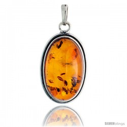 Sterling Silver Oval Russian Baltic Amber Pendant w/ 25x15mm Oval-shaped Cabochon Cut Stone, 1 5/16" (33 mm) tall