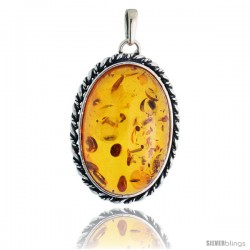 Sterling Silver Oval Russian Baltic Amber Pendant w/ Rope Edge Design, w/ 30x20mm Oval-shaped Cabochon Cut Stone, 1 1/2"