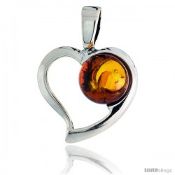 Sterling Silver Heart Russian Baltic Amber Pendant w/ 10mm Round-shaped Cabochon Cut Stone, 3/4" (20 mm) tall