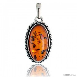 Sterling Silver Oval Russian Baltic Amber Pendant w/ Rope Edge Design, w/ 20x10mm Oval-shaped Cabochon Cut Stone, 1" (25 mm)