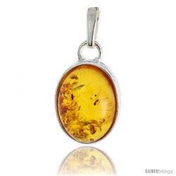 Sterling Silver Oval Russian Baltic Amber Pendant w/ 16x12mm Oval-shaped Cabochon Cut Stone, 13/16" (21 mm) tall