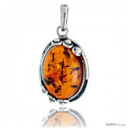 Sterling Silver Oval Russian Baltic Amber Pendant w/ Beads, w/ 18x12mm Oval-shaped Cabochon Cut Stone, 1" (26 mm) tall