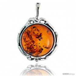 Sterling Silver Russian Baltic Amber Pendant w/ 15mm Round-shaped Cabochon Cut Stone, 13/16" (21 mm) tall