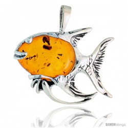 Sterling Silver Fish Russian Baltic Amber Pendant w/ Cabochon Cut Stone, 1 1/4" (31 mm) tall