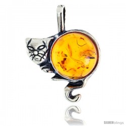 Sterling Silver Cat Russian Baltic Amber Pendant w/ 12mm Round-shaped Cabochon Cut Stone, 3/4" (20 mm) tall