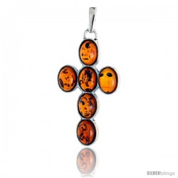 Sterling Silver Cross Russian Baltic Amber Pendant w/ six 8x6mm Oval-shaped Cabochon Cut Stones, 1 1/2" (39 mm) tall