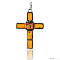 Sterling Silver Cross Russian Baltic Amber Pendant w/ one 8mm Square-shaped & five 8x4mm Rectangular Cabochon Cut Stones, 1