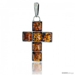 Sterling Silver Cross Russian Baltic Amber Pendant w/ six 8mm Square-shaped Cabochon Cut Stone, 1 11/16" (43 mm) tall