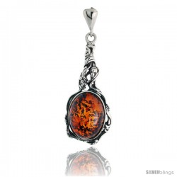 Sterling Silver Russian Baltic Amber Pendant w/ 16x12mm Oval-shaped Cabochon Cut Stone, 1 1/2" (38 mm) tall