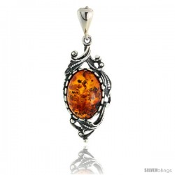 Sterling Silver Russian Baltic Amber Pendant w/ Leaves, w/ 14x10mm Oval-shaped Cabochon Cut Stone, 1 1/4" (31 mm) tall