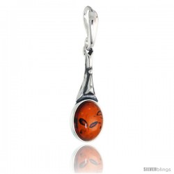 Sterling Silver Oval Russian Baltic Amber Pendant w/ 10x8mm Oval-shaped Cabochon Cut Stone, 15/16" (24 mm) tall