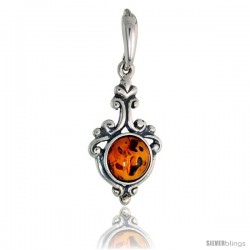 Sterling Silver Russian Baltic Amber Pendant w/ 8mm Round-shaped Cabochon Cut Stone, 1" (26 mm) tall