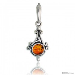 Sterling Silver Diamond-shaped Russian Baltic Amber Pendant w/ 6mm Round-shaped Cabochon Cut Stone, 7/8" (22 mm) tall