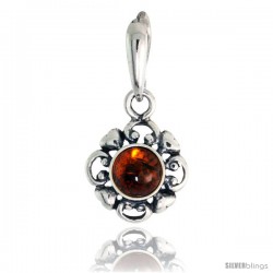 Sterling Silver Flower Russian Baltic Amber Pendant w/ 6mm Round-shaped Cabochon Cut Stone, 5/8" (16 mm) tall