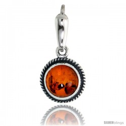 Sterling Silver Rope Edge Design Russian Baltic Amber Pendant w/ 8mm Round-shaped Cabochon Cut Stone, 1/2" (13 mm) tall