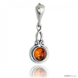 Sterling Silver Russian Baltic Amber Pendant w/ 6mm Round-shaped Cabochon Cut Stone, 13/16" (21 mm) tall