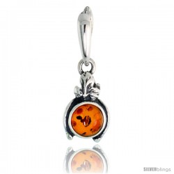 Sterling Silver Floral Russian Baltic Amber Pendant w/ 6mm Round-shaped Cabochon Cut Stone, 9/16" (15 mm) tall