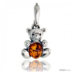 Sterling Silver Teddy Bear Russian Baltic Amber Pendant w/ 8x6mm Oval-shaped Cabochon Cut Stone, 5/8" (16 mm) tall