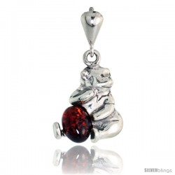 Sterling Silver Floral Russian Baltic Amber Pendant w/ 38x28mm Oval-shaped Cabochon Cut Stone, 1 3/4" (46 mm) tall