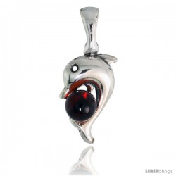 Sterling Silver Dolphin Russian Baltic Amber Pendant w/ 5mm Round-shaped Cabochon Cut Stone, 11/16" (18 mm) tall