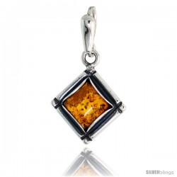 Sterling Silver Diamond-shaped Russian Baltic Amber Pendant w/ 8mm Square-shaped Cabochon Cut Stone, 3/4" (20 mm) tall