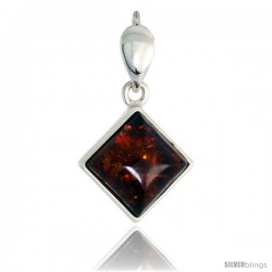 Sterling Silver Diamond-shaped Russian Baltic Amber Pendant w/ 10mm Square-shaped Cabochon Cut Stone, 3/4" (19 mm) tall