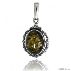 Sterling Silver Floral Russian Baltic Amber Pendant w/ 16x12mm Oval-shaped Cabochon Cut Green Amber Stone, 1" (25 mm) tall