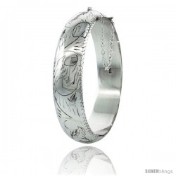 Sterling Silver Bangle Bracelet Floral Pattern Hand Engraved Thick 5/8 in wide
