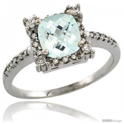 10k White Gold Diamond Halo Aquamarine Ring 1.2 ct Checkerboard Cut Cushion 6 mm, 11/32 in wide