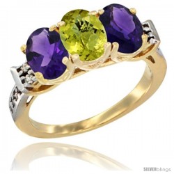 10K Yellow Gold Natural Lemon Quartz & Amethyst Sides Ring 3-Stone Oval 7x5 mm Diamond Accent