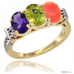 10K Yellow Gold Natural Amethyst, Lemon Quartz & Coral Ring 3-Stone Oval 7x5 mm Diamond Accent