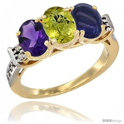 10K Yellow Gold Natural Amethyst, Lemon Quartz & Lapis Ring 3-Stone Oval 7x5 mm Diamond Accent