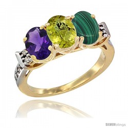 10K Yellow Gold Natural Amethyst, Lemon Quartz & Malachite Ring 3-Stone Oval 7x5 mm Diamond Accent