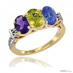 10K Yellow Gold Natural Amethyst, Lemon Quartz & Tanzanite Ring 3-Stone Oval 7x5 mm Diamond Accent