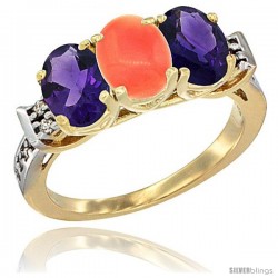 10K Yellow Gold Natural Coral & Amethyst Sides Ring 3-Stone Oval 7x5 mm Diamond Accent