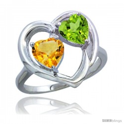 14k White Gold 2-Stone Heart Ring 6mm Natural Citrine & Peridot Diamond Accent