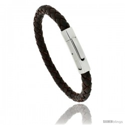 Stainless Steel Braided Brown Leather Bracelet, 5/16 in wide, 7 1/2 in