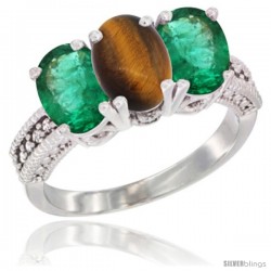 10K White Gold Natural Tiger Eye & Emerald Ring 3-Stone Oval 7x5 mm Diamond Accent