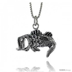 Sterling Silver Big Mouth Bass Pendant, 15/16 in. (24 mm) Long.