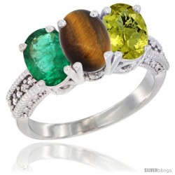 10K White Gold Natural Emerald, Tiger Eye & Lemon Quartz Ring 3-Stone Oval 7x5 mm Diamond Accent