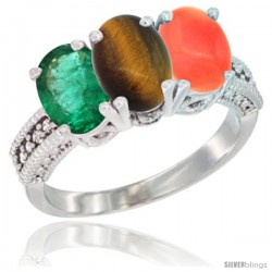 10K White Gold Natural Emerald, Tiger Eye & Coral Ring 3-Stone Oval 7x5 mm Diamond Accent