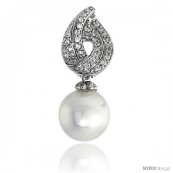 Sterling Silver Slider Pendant, w/ Brilliant Cut CZ Stones & 10mm Faux Pearl, 1 1/16" (26 mm) tall