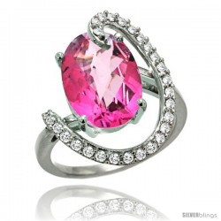 14k White Gold Natural Pink Topaz Ring Oval 14x10 Diamond Accent, 3/4inch wide