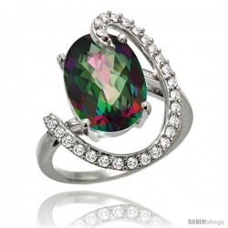 14k White Gold Natural Mystic Topaz Ring Oval 14x10 Diamond Accent, 3/4inch wide