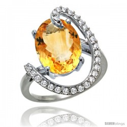 14k White Gold Natural Citrine Ring Oval 14x10 Diamond Accent, 3/4inch wide