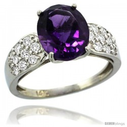 14k White Gold Natural Amethyst Ring 10x8 mm Oval Shape Diamond Accent, 3/8inch wide -Style R289771w01