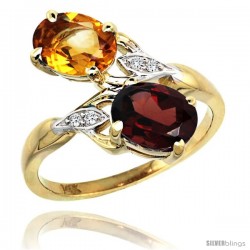 14k Gold ( 8x6 mm ) Double Stone Engagement Citrine & Garnet Ring w/ 0.04 Carat Brilliant Cut Diamonds & 2.34 Carats Oval Cut