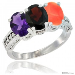 14K White Gold Natural Amethyst, Garnet & Coral Ring 3-Stone 7x5 mm Oval Diamond Accent