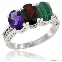 14K White Gold Natural Amethyst, Garnet & Malachite Ring 3-Stone 7x5 mm Oval Diamond Accent